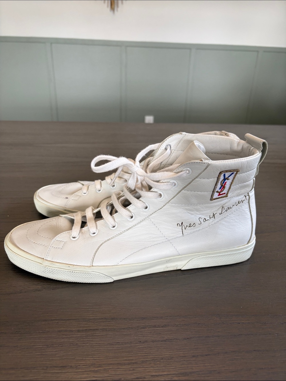 Saint Laurent YSL Men’s White Leather High Top Sneakers US 8 / EU 41